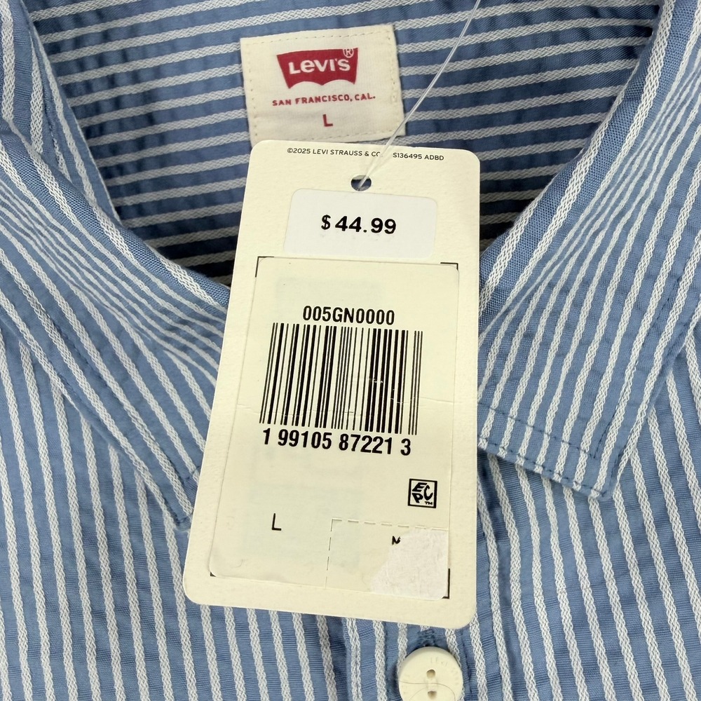 Levi's Mens L Blue White Cotton Blend Relaxed Striped Short Sleeve Shirt New - Picture 4 of 11